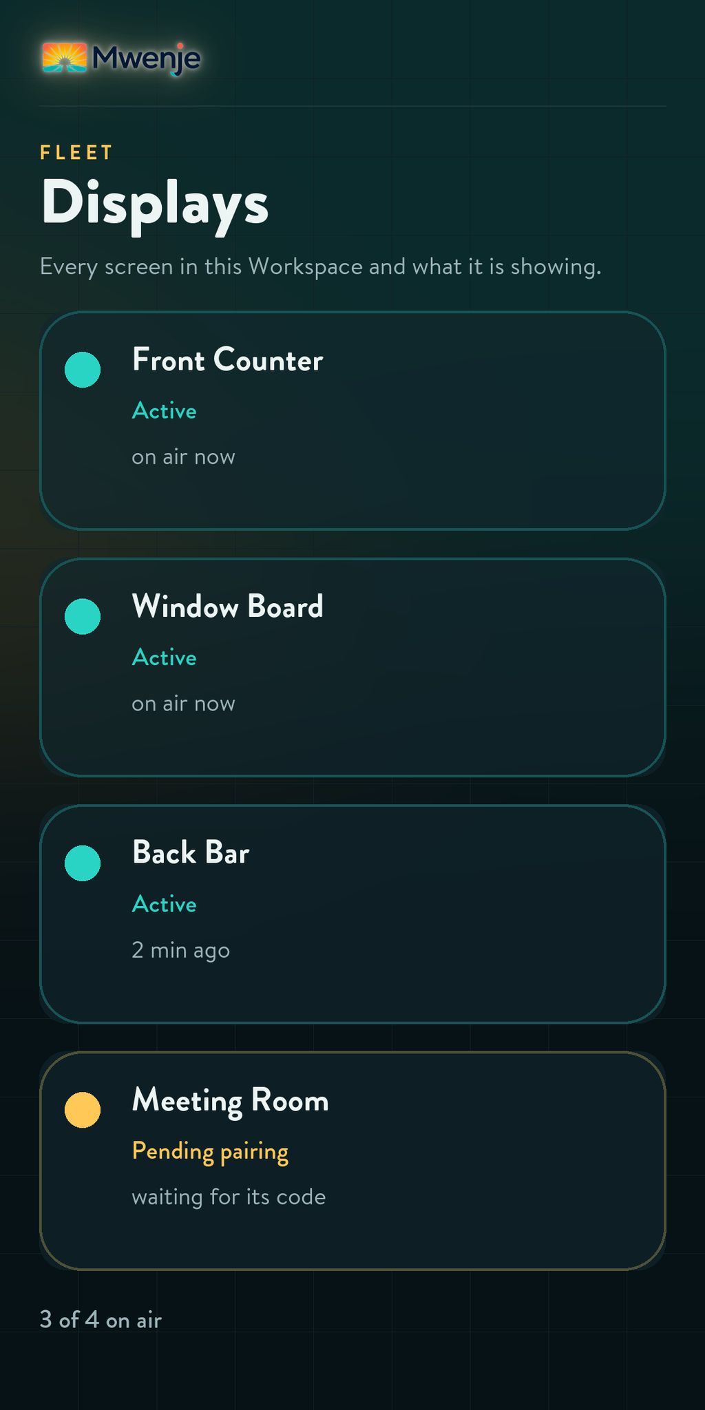 A phone listing the screens in a workspace and whether each is on air