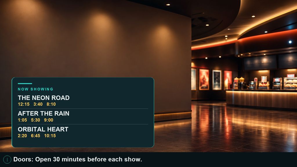 A cinema foyer screen listing tonight's films and their showtimes
