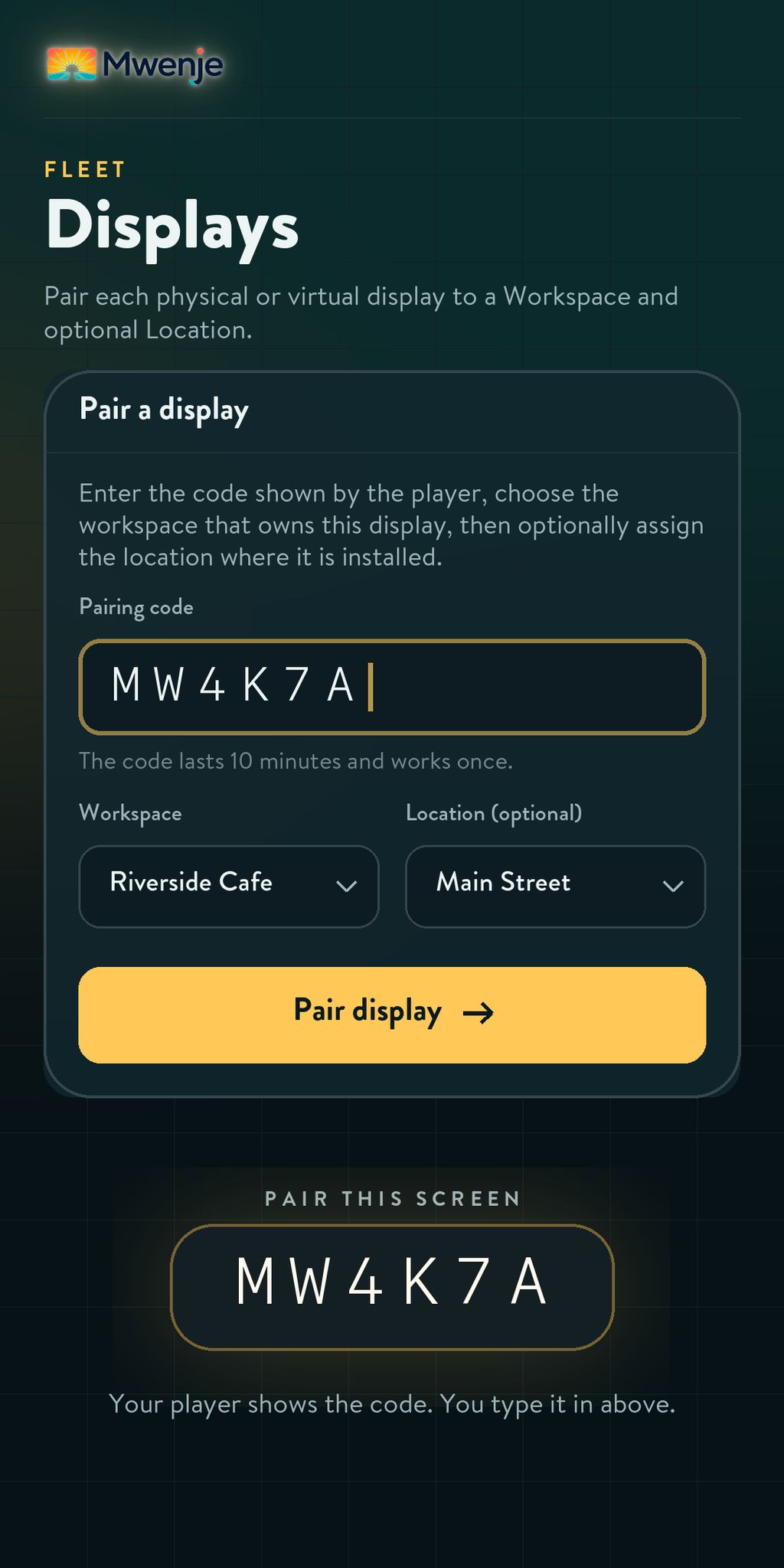 Pairing a new screen from a phone by entering the code the player shows