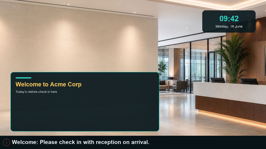 A welcome screen playing on a lobby wall display