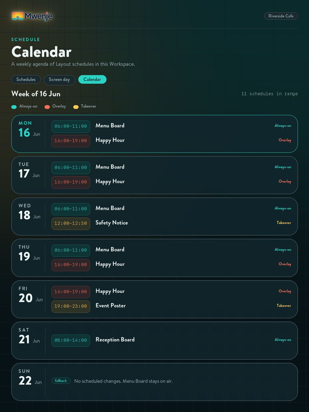 A week of scheduled signage on a tablet, each block showing when it plays