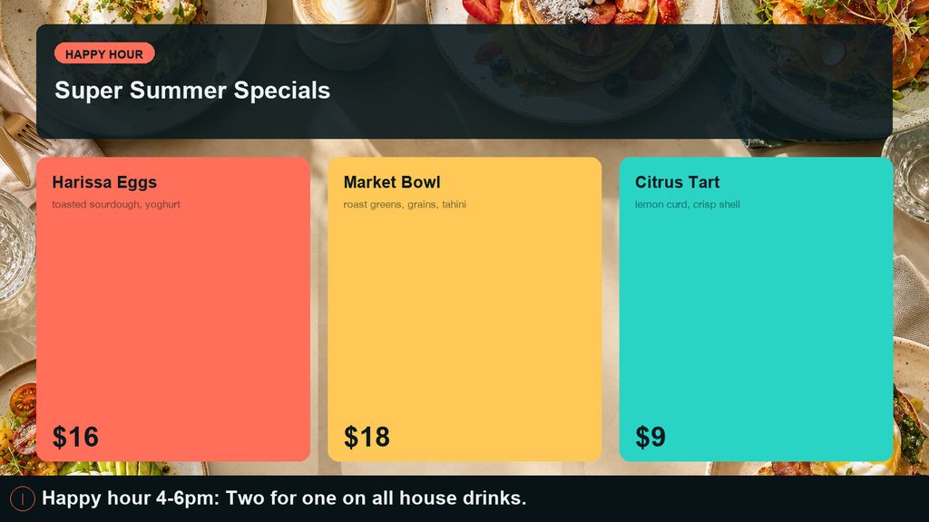 Today's specials on a café screen, three dishes priced on bright cards