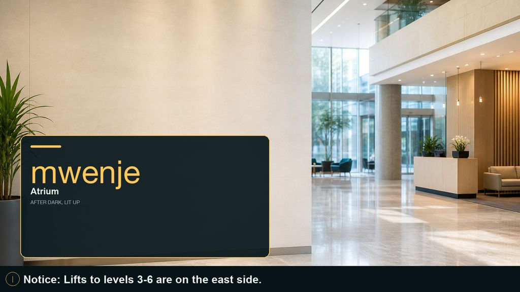 An office wayfinding screen pointing the way to reception, the café, restrooms and lifts